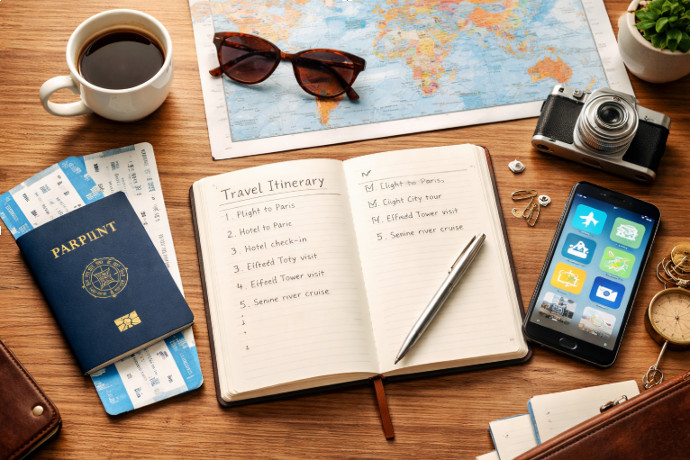 international travel planning workspace with passport travel itinerary tickets and travel checklist