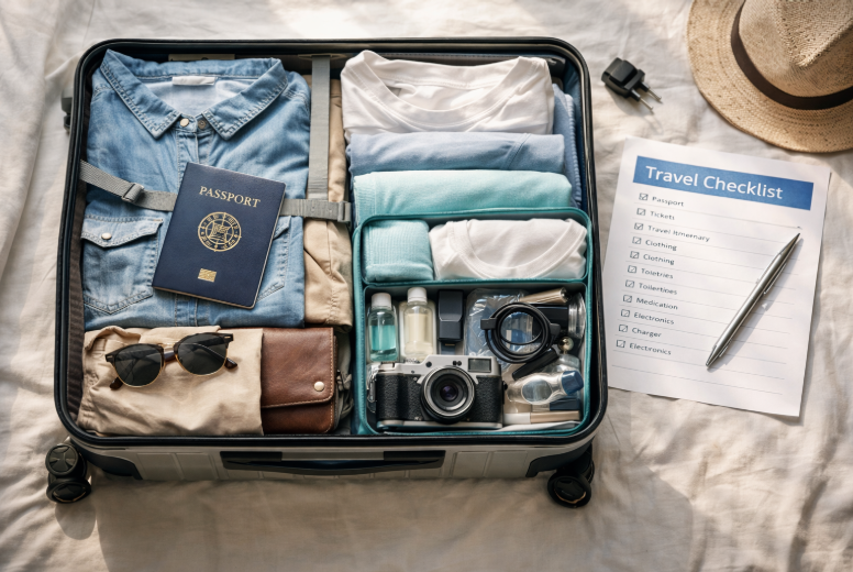 packing suitcase for international travel with travel checklist passport and travel accessories